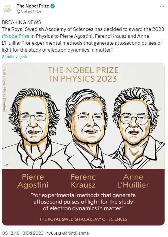 2023 Nobel Fizik Ödülü'nün sahibi belli oldu