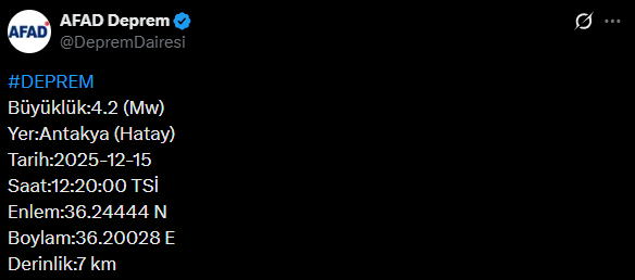 Hatay'da 4.2 büyüklüğünde deprem