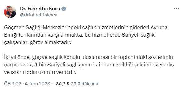 Koca'dan '4 bin Suriyeli sağlıkçı istihdam edildi' iddiasına yanıt: 2 yıl önceki toplantıda yaptığım konuşma çarpıtıldı