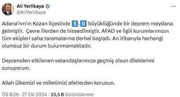 Adana'nın Kozan ilçesinde 5 büyüklüğünde deprem