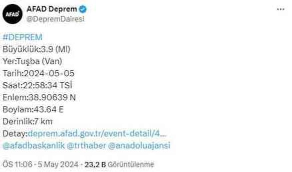 Van'ın Tuşba ilçesinde 3.9 büyüklüğünde deprem meydana geldi