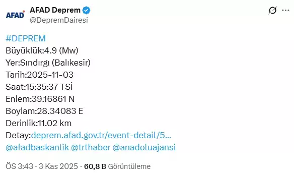 Balıkesir beşik gibi sallanıyor! 4.9'luk bir deprem daha