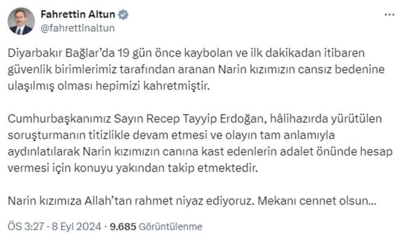 İletişim Başkanı Altun duyurdu! Cumhurbaşkanı Erdoğan'dan Narin talimatı