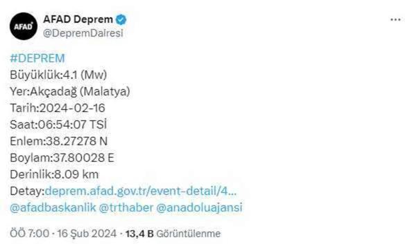 Malatya'da 4.1 büyüklüğünde deprem! Sarsıntı çevre illerde de hissedildi