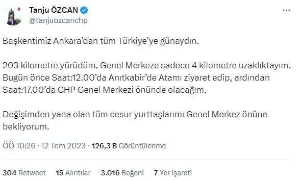 Bolu'dan Ankara'ya yürüyen Tanju Özcan'dan vatandaşlara çağrı: Saat 17.00'de CHP Genel Merkezi'nde buluşalım