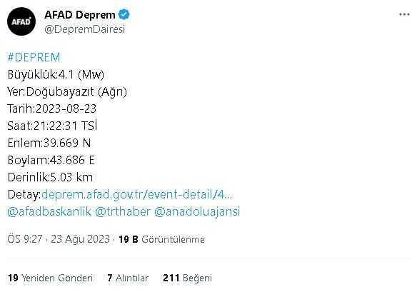 Ağrı'da deprem mi oldu? 23 Ağustos 2023 Ağrı'da nerede deprem oldu? 23 Ağustos Ağrı'da kaç büyüklüğünde deprem oldu? Merkez üssü neresi?