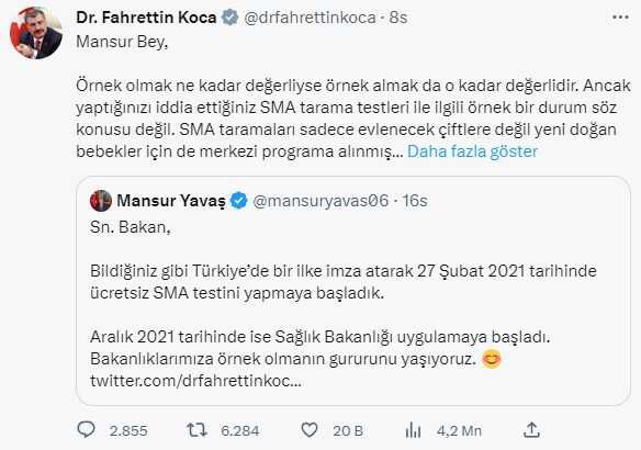 Sağlık Bakanı Koca, Mansur Yavaş'ın SMA testi iddialarına yanıt verdi