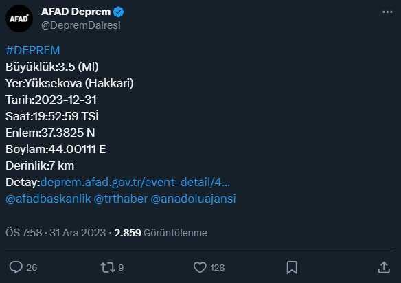 Hakkari'de 4,4 ve 3,5 büyüklüğünde peş peşe depremler meydana geldi