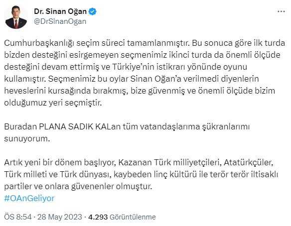Seçim sonuçlarının ardından Sinan Oğan'dan ilk açıklama