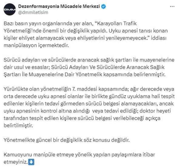 İletişim Başkanlığı: Uyku apnesi tanısı konan kişilerin ehliyet alamayacağı ve yenileyemeyeceği iddiası doğru değil