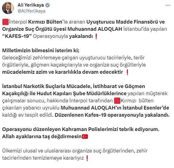 Interpol tarafından kırmızı bültenle aranan uyuşturucu baronu Muhuannad Aloqlah, İstanbul'da yakalandı