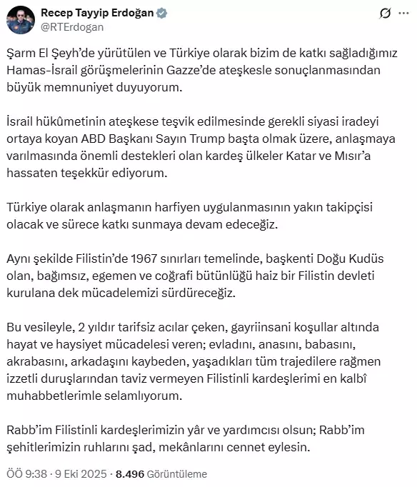 Cumhurbaşkanı Erdoğan Gazze'deki ateşkes açıklaması