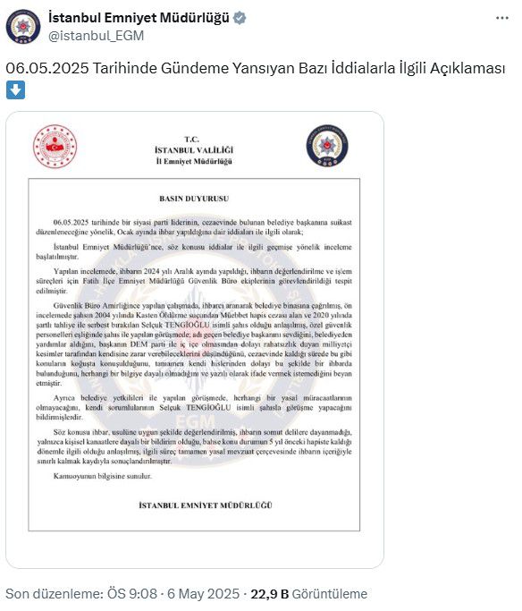 'İmamoğlu'na suikast ihbarı' iddiasıyla ilgili Emniyet'ten açıklama