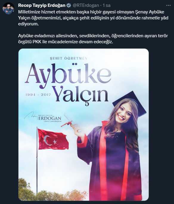 Cumhurbaşkanı Erdoğan, şehit öğretmen Aybüke Yalçın'ı andı