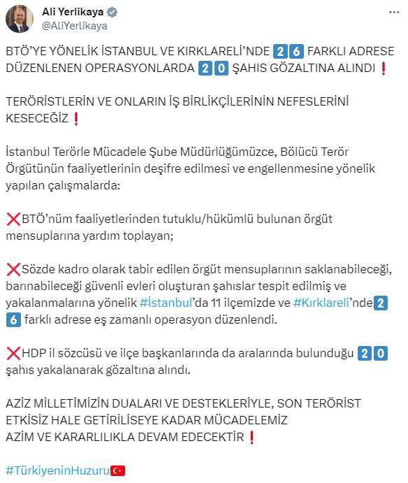 Son Dakika: İstanbul ve Kırklareli'de HDP il sözcüsü ve ilçe başkanları dahil 20 kişi gözaltına alındı