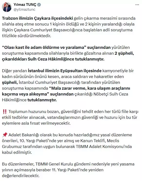 Düğünde havaya ateş açanlar ve trafikte yol kesenler yandı! Bakan Tunç'tan açıklama var