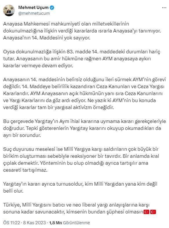 Cumhurbaşkanı Başdanışmanı Uçum: Yargıtay'ın AYM ihlal kararına uymama kararı gerekçeleriyle doğrudur