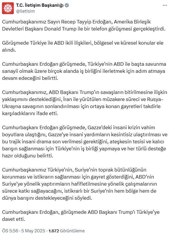 Cumhurbaşkanı Erdoğan, Trump ile telefonda görüştü