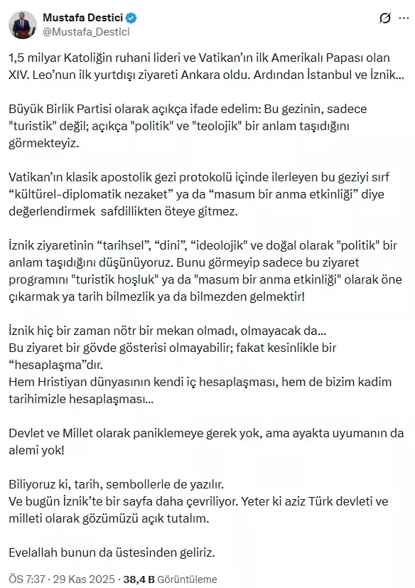 Papa'nın Türkiye ziyareti kriz çıkardı! MHP'nin ardından bir tepki de Destici'den