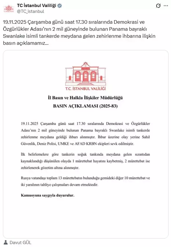 Marmara Denizi'nde gemide zehirlenme