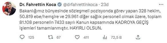 81 bin 108 sağlık personelinin kadroya geçişi tamamlandı