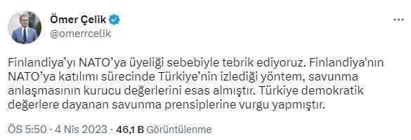 AK Parti'li Çelik: Finlandiya'yı NATO'ya üyeliği sebebiyle tebrik ediyoruz