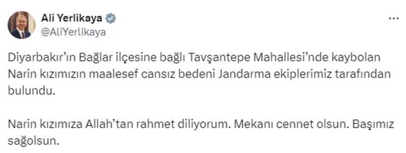 Diyarbakır'da 19 gün önce kaybolan Narin Güran'ın cansız bedeni bulundu