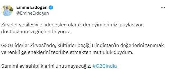 Emine Erdoğan'dan, G20 Liderler Zirvesi paylaşımı