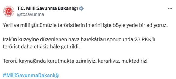 Irak'ın kuzeyine düzenlenen hava harekatında 23 terörist etkisiz hale getirildi