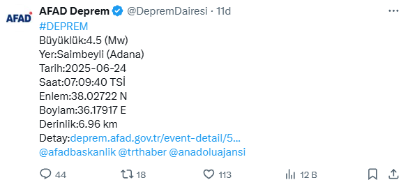 Adana'da 4.5 büyüklüğünde deprem