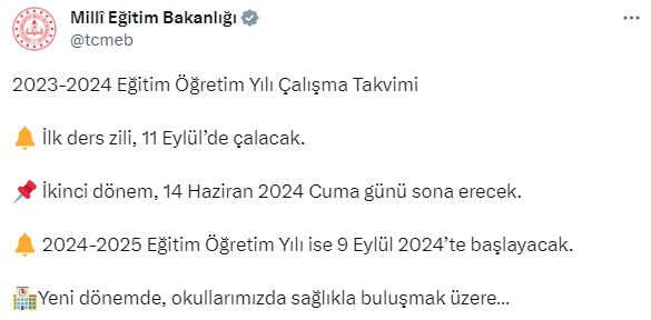 Son Dakika! 2023-2024 Eğitim Öğretim yılı 11 Eylül'de başlayacak
