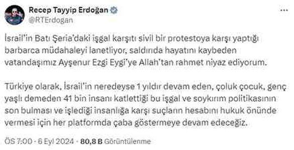 Cumhurbaşkanı Erdoğan'dan Türk aktivistin Batı Şeria'da öldürülmesine tepki