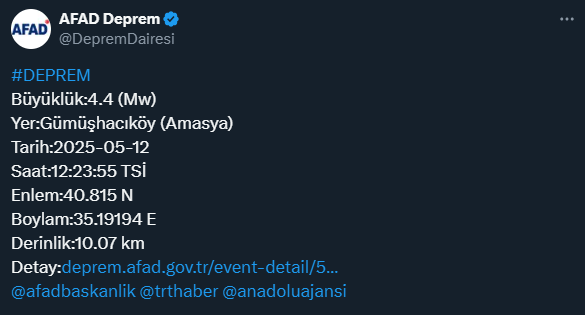 Amasya'da 4.4 büyüklüğünde deprem