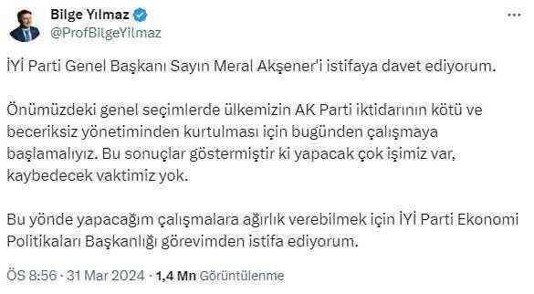 Bilge Yılmaz, İYİ Parti lideri Akşener'i istifaya davet etti