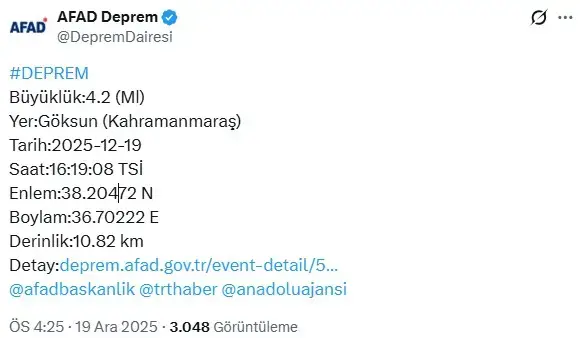 Kahramanmaraş'ta 4.2 b&uuml;y&uuml;kl&uuml;ğ&uuml;nde deprem