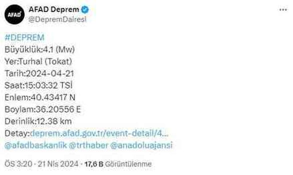 Tokat'ın Turhal ilçesinde 4.1 büyüklüğünde deprem