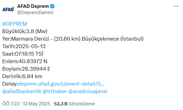 İstanbul Büyükçekmece açıklarında 3.8 büyüklüğünde deprem