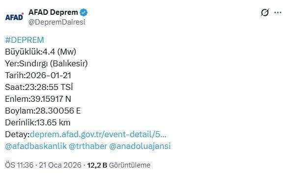 Sındırgı'da 4.1 ve 4.4 büyüklüğünde iki deprem daha