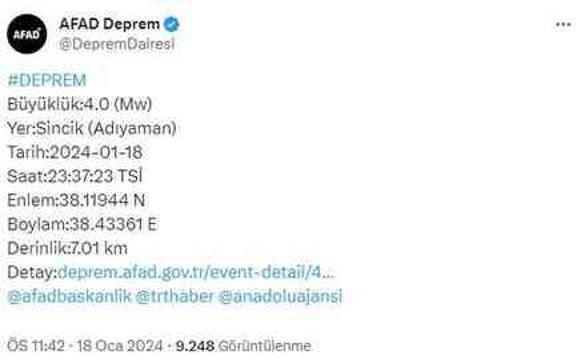 Adıyaman'da 4 büyüklüğünde deprem