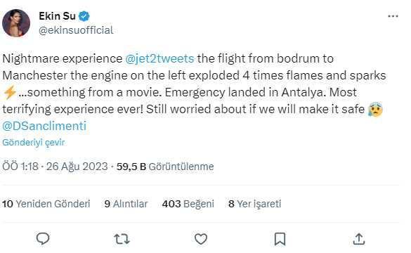 Aşk Adası'nın yıldızı Ekin Su Cülcüloğlu'nun bindiği uçağın motoru alev aldı