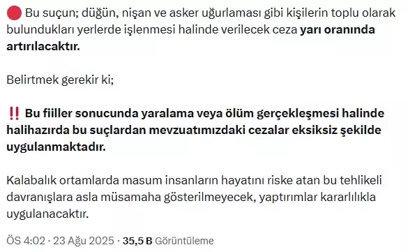 Düğünde havaya ateş açanlar ve trafikte yol kesenler yandı! Bakan Tunç'tan açıklama var