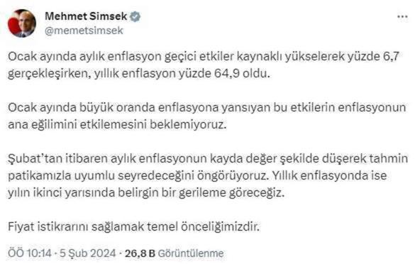 Mehmet Şimşek'ten ocak ayı enflasyon verileri için ilk yorum: Şubattan itibaren kayda değer şekilde düşecek