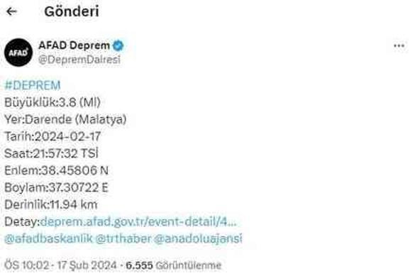 Malatya'da 3,8 büyüklüğünde deprem