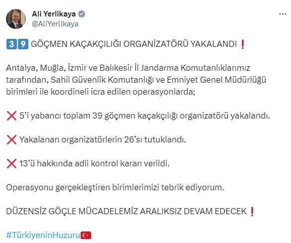 Son Dakika! 4 ildeki operasyonlarda 39 göçmen kaçakçılığı organizatörü yakalandı, 26'sı tutuklandı