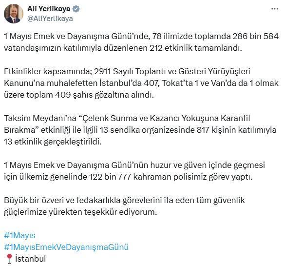 1 Mayıs'ta çıkan olaylarda 409 kişi gözaltına alındı