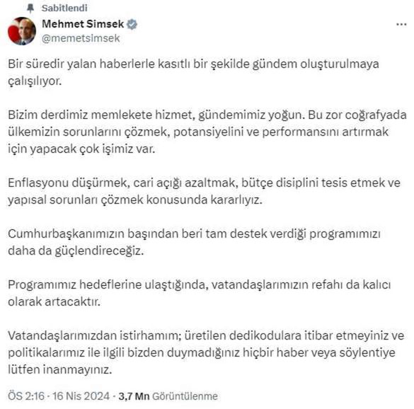 Bakan Şimşek: Enflasyonu tek haneye düşürmeyi programımızın temel hedefi olarak belirledik
