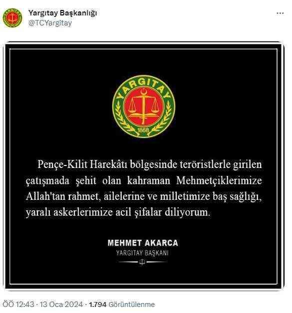 Yargıtay Başkanı Mehmet Akarca'dan şehit askerlerimiz için başsağlığı mesajı