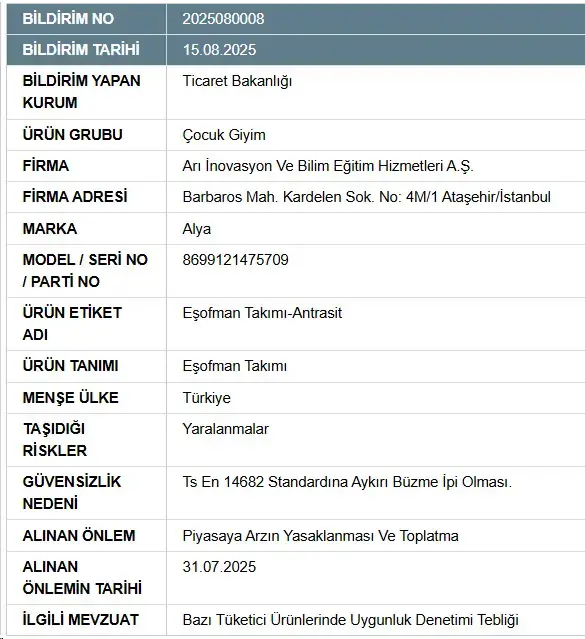 Çocuk eşofmanında gizli tehlike! Raf ve depodaki tüm stoklar toplatılıyor