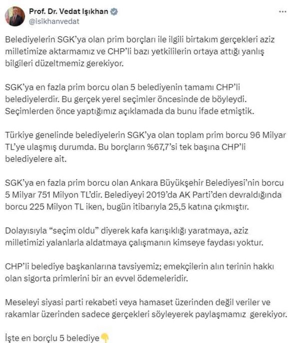 Erdoğan'ın talimatıyla gündeme geldi! Bakan Işıkhan en borçlu 5 belediyeyi açıkladı