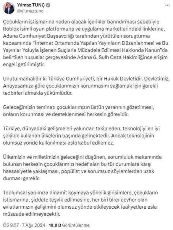 Çevrimiçi oyun platformu Roblox, Türkiye'de erişime engellendi